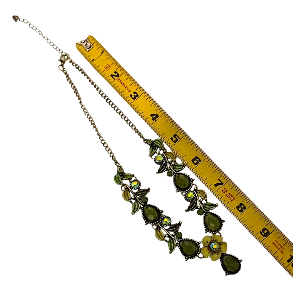 Vintage Rhinestone Floral Leaf Necklace Y Drop Green Gold MCM Fairy‎ Whimsigoth - Picture 2 of 16